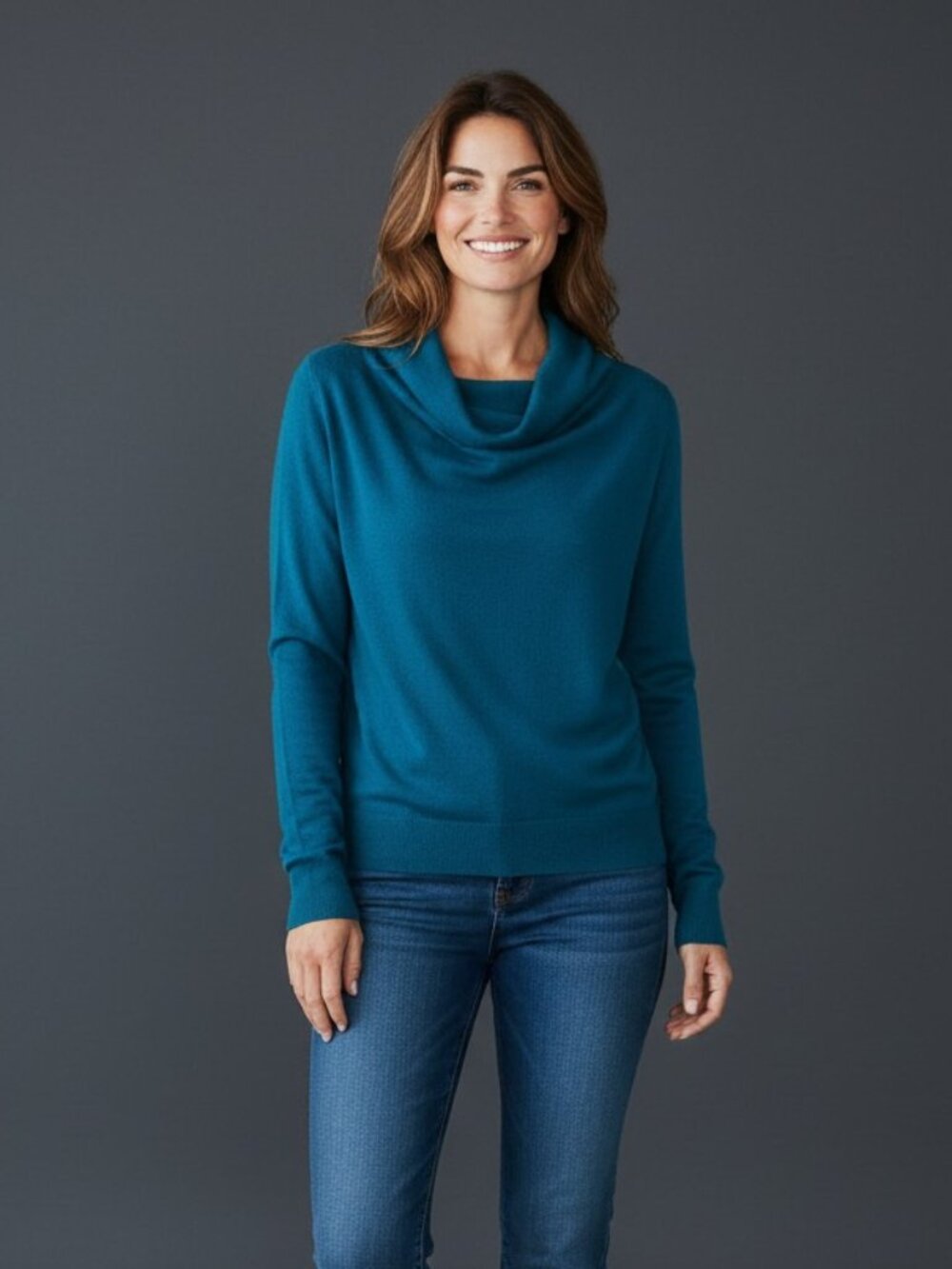 Jessica Teal Cowl Neck Long Sleeve Sweater